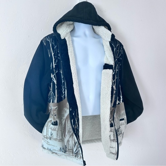 VICTORY RUGGED WEAR VTG 90s Sherpa Lined Fleece Wolf Nature AOP Jacket Men L EUC - Picture 6 of 13